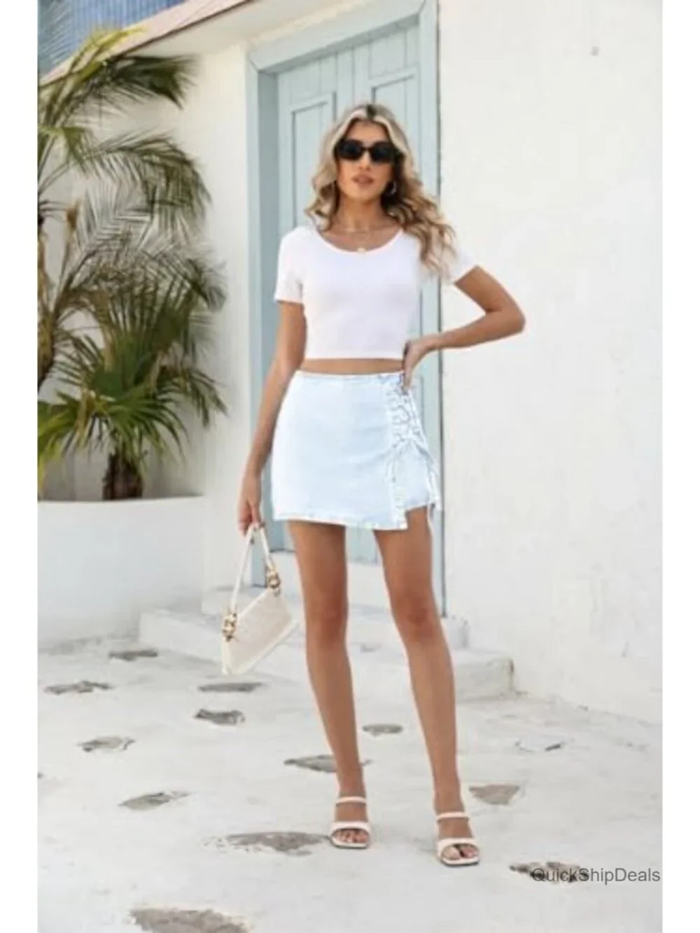 Y2K Stretch Denim Skort Lace Up Mini High Waisted White